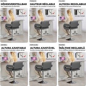 HOMCOM Scaun de Bar Reglabil, Șezut Extra Large Rotativ din Piele Ecologică PU, Gri | Aosom Romania