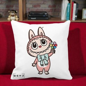 Perna Personalizata Labubu Roz cu Morisca, 40x40 cm, Alba Mata, Husa Detasabila, Perna Inclusa, BEKZ®