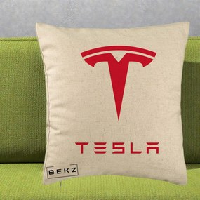 Perna Personalizata cu emblema Tesla, 40x40 cm, Bej, Husa Detasabila, Perna Inclusa, BEKZ®