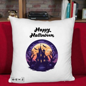 Perna Decorativa Happy Halloween Casa Bantuita Violet, 40x40 cm, Alb Pufos, Husa Detasabila, Perna Inclusa, BEKZ®