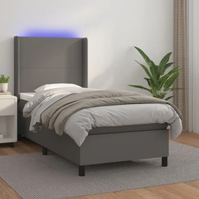 3139239 vidaXL Pat cu arcuri, saltea și LED, gri, 90x190 cm, piele ecologică