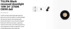 Spot LED incastrabil TULIPA Black recessed downlight 10W 24° 2700K CRI90 dali