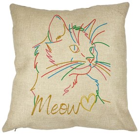 Perna Decorativa Patrata Pisica Meow, 40x40 cm, Husa Detasabila, Burduf