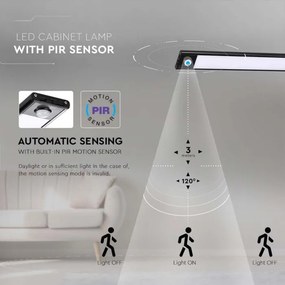 Corp led pentru dulap cu senzor de miscare si acumulator, 2.5 W, lumina neutra(4000K), 260 lm, IP20, negru, V-TAC