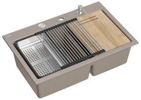 Statie de lucru incastrata Quadron Unique Marc 120 bej soft taupe - inox 2 cuve 76x50 cm