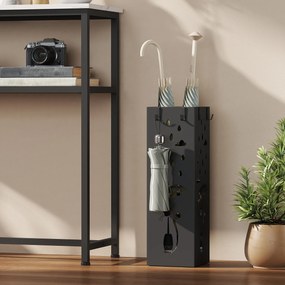 HOMCOM Suport de Umbrele Pătrat din Metal pentru Intrare, Suport Autoportant cu Tavă Detașabilă și 4 Cârlige, pentru Interior și Exterior, 15.5x15.5x49 cm, Negru | Aosom Romania