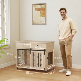 PawHut Cușcă pentru câini pe roți, 2 uși, 2 sertare, pentru câini medii și mari, lemn, oțel | Aosom Romania