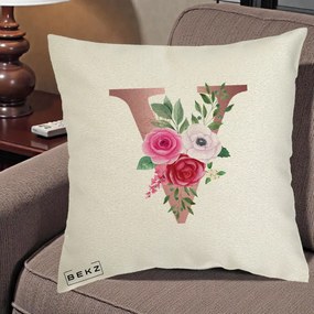 Cadou Personalizat - Perna Personalizata Monograma Rose Gold Litera V, 40x40 cm, Ecru, Husa Detasabila, Perna Inclusa, BEKZ®