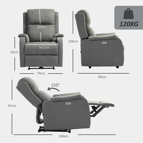 HOMCOM Fotoliu Relax Electric Reclinabil cu Port USB, Gri Închis | Aosom Romania