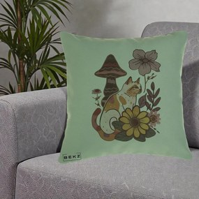 Perna Decorativa Pisica Vintage Florala Boho, 40x40 cm, Verde, Husa Detasabila, Perna Inclusa, BEKZ®