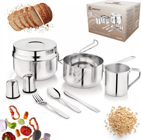 Set de tacamuri si vase pentru camping Kinghoff KH 2060, 9 piese, Otel inoxidabil, Argintiu