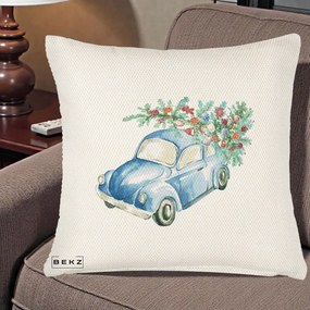Perna Decorativa Masinuta Albastra cu Brad de Craciun, 40x40 cm, Crem Reliefat, Husa Detasabila, Perna Inclusa, BEKZ®