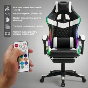 Scaun gaming, sistem iluminare bandă LED RGB, masaj în perna lombară, suport picioare, Negru/Alb