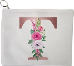 Portfard Cosmetice tip Plic, Cu litera T Rose Gold si Trandafiri, 23x18 cm, Alb, BEKZ®