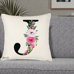 Cadou Personalizat - Perna Personalizata Monograma Florala Litera J, 40x40 cm, Crem Reliefat, Husa Detasabila, Perna Inclusa, BEKZ®