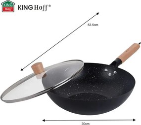 Kinghoff KH 1984 wok, 30 cm, Capac din sticlă cu gaură pentru abur, Finisaj marmură, Inducție, Negru