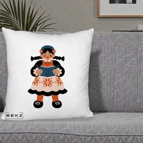 Perna Personalizata Fetita cu Carte Ilustratie Folk, 40x40 cm, Alb Pufos, Husa Detasabila, Perna Inclusa, BEKZ®