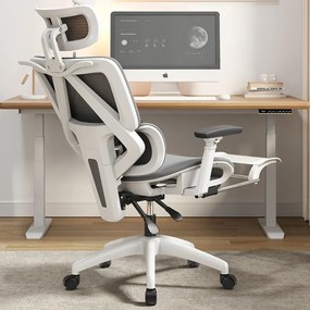 Scaun ergonomic, suport lombar dinamic, tetieră 3D, cotiere 3D, umeras, suport picioare, Mesh, Alb/Gri