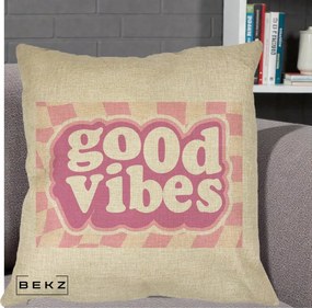 Perna Decorativa Good Vibes Retro Roz, 40x40 cm, Crem, Husa Detasabila, Perna Inclusa, BEKZ®