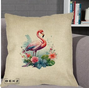 Perna Decorativa Flamingo cu Flori Tropicale Acuarela, 40x40 cm, Crem, Husa Detasabila, Perna Inclusa, BEKZ®