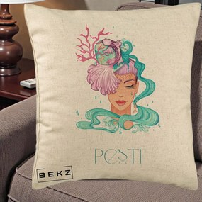 Perna Personalizata Zodiac Pesti Cowgirl, 40x40 cm, Bej, Husa Detasabila, Perna Inclusa, BEKZ®