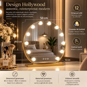 Oglindă cosmetică, sistem iluminare LED, 12 becuri, 3 culori, Senzor Tactil, Luminozitate Reglabilă, Auriu