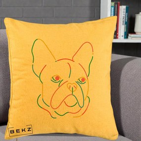 Perna Decorativa Bulldog Francez Line Art Curcubeu, 40x40 cm, Galben, Husa Detasabila, Perna Inclusa, BEKZ®