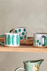 Set 3 căni natur din ceramică artizanală pictată manual cu motive geometrice în verde, 450 ml, 11×8,5 cm, "Linora"