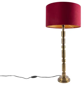 Lampă de masă Art Deco din bronz 35 cm cu abajur din catifea roșie - Torre