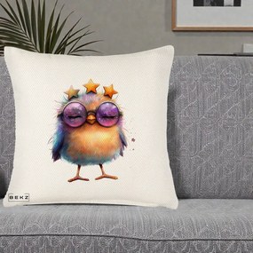 Perna Decorativa Pui Pop Star cu Ochelari Stele Violet, 40x40 cm, Crem Reliefat, Husa Detasabila, Perna Inclusa, BEKZ®