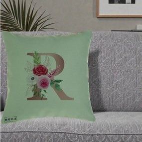 Cadou Personalizat - Perna Personalizata Monograma Rose Gold Litera R, 40x40 cm, Verde, Husa Detasabila, Perna Inclusa, BEKZ®