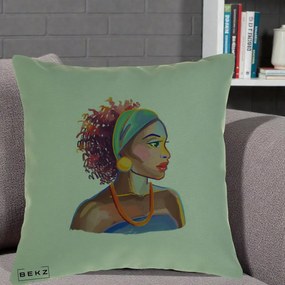 Perna Decorativa Portret Femeie Urbana Acuarela, 40x40 cm, Verde, Husa Detasabila, Perna Inclusa, BEKZ®