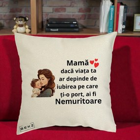 Cadou pentru Mama - Perna Personalizata Mama Nemuritoare cu Bebelus Lineart, 40x40 cm, Ecru, Husa Detasabila, Perna Inclusa, BEKZ®