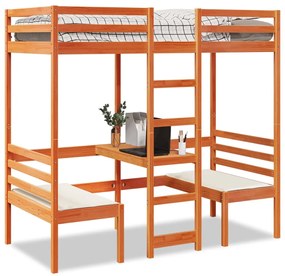 vidaXL Cadru pat etajat birou/scaune, maro, 90x190 cm, lemn masiv pin