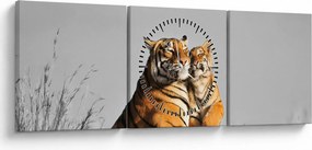 Tablou - Tigroaica cu pui, versiunea alb-negru (cu ceas) (90x30 cm)