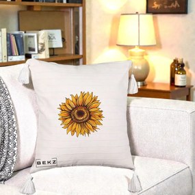 Perna Decorativa Floarea Soarelui Vibranta, 40x40 cm, Bej cu Franjuri, Husa Detasabila, Perna Inclusa, BEKZ®