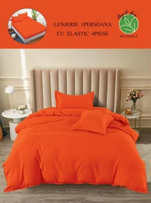 Lenjerie pat single, BUMBAC FINET, 4 piese, cu ELASTIC - Uni Portocaliu