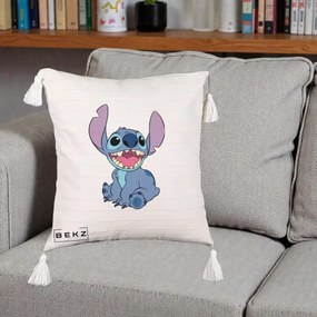 Perna Personalizata Stitch Zambitor, 40x40 cm, Bej cu Franjuri, Husa Detasabila, Perna Inclusa, BEKZ®