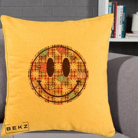 Perna Decorativa Smiley Face de Toamna cu Tartan si Dovlecei, 40x40 cm, Galben, Husa Detasabila, Perna Inclusa, BEKZ®