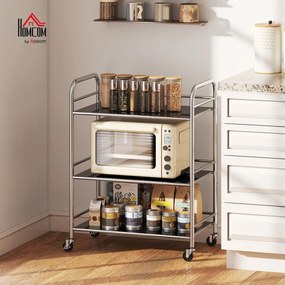 HOMCOM Cărucior de bucătărie cu 3 rafturi pe roți, cu mânere, argintiu | Aosom Romania