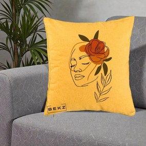 Perna Decorativa Portret Feminin Trandafir Ruginiu, 40x40 cm, Galben, Husa Detasabila, Perna Inclusa, BEKZ®
