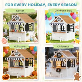 AIYAPLAY Căsuță pentru copii în aer liber din lemn, casă pentru copii în aer liber cu ușă pentru animale, ustensile de bucătărie, banc și sonerie, alb | Aosom Romania