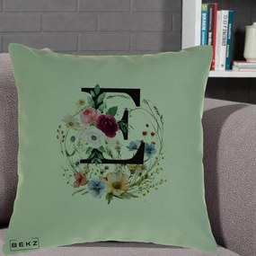 Cadou Personalizat - Perna Personalizata Monogram Litera E cu Flori Acuarela, 40x40 cm, Verde, Husa Detasabila, Perna Inclusa, BEKZ®