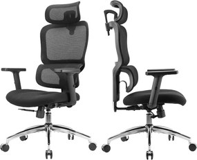 Scaun ergonomic SIHOO M56C-V2-M101, Suport Lombar Dinamic în Formă S, Tetieră Reglabilă 2D, Cotiere Ajustabile, Mecanism Synchro-Tilt, Bază Metalică Cromată, Mesh, Negru