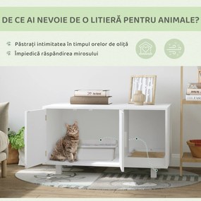 PawHut Mobilier din Lemn pentru Litiera Pisicilor, cu 2 Uși și Deschidere Laterală, 91x52x50,5 cm, Alb | Aosom Romania