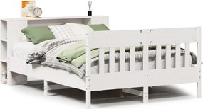 vidaXL Pat cu bibliotecă fără saltea, alb, 140x190 cm, lemn masiv pin