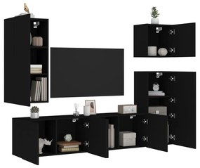 Unitati TV de perete, 5 piese, negru, lemn prelucrat