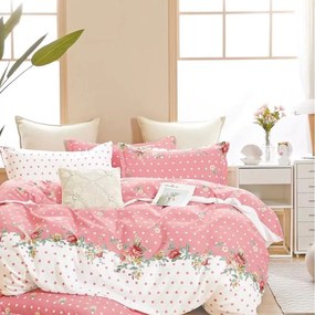 Lenjerie de pat cu 2 fete, tesatura tip finet, pat 1 persoana, 4 piese, alb / roz, FNJ1-185