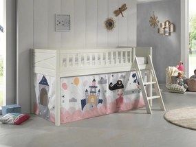 Set complet pat semi-supraetajat SCOTT pentru copii, alb, 90 x 200 cm, pin scandinav masiv, cu scară, 3 buzunare depozitare și perdea de joacă