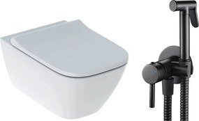 Pachet vas wc suspendat Geberit Smyle, capac softclose si set dus igiena intima negru cu baterie incastrata Rea Loop